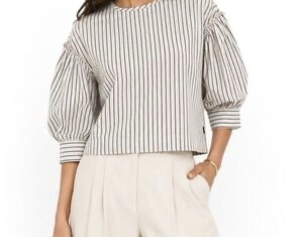 NWT Tuckernuck Linen Stripe Edie Top Puff Sleeve Blue White Stripe S